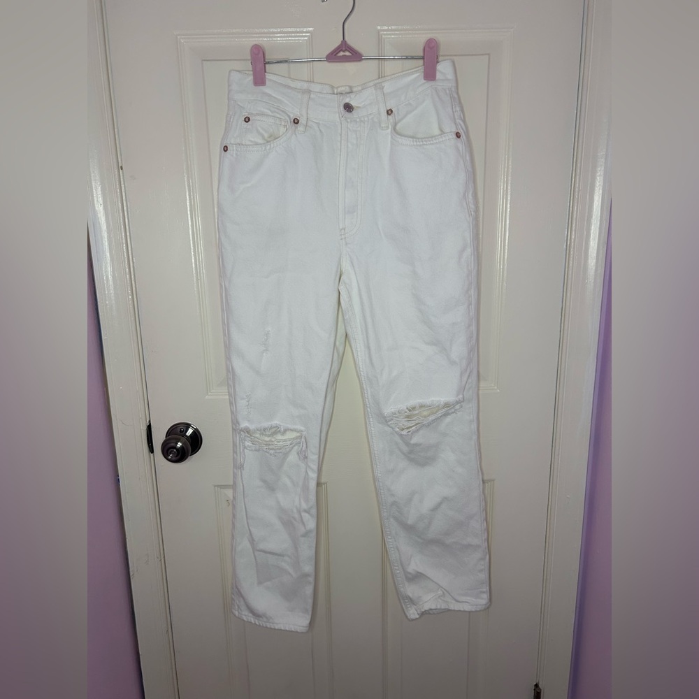 We the Free Straight Leg White cotton CRVY High Rise Distressed Jeans Womens 27